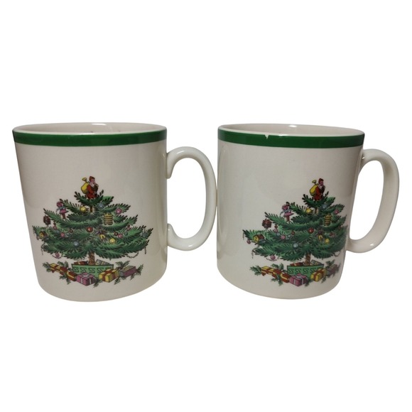 Vintage Spode Christmas Tree Mugs Cups S3324 U Made in England‎ Set of Two READ - Picture 1 of 12